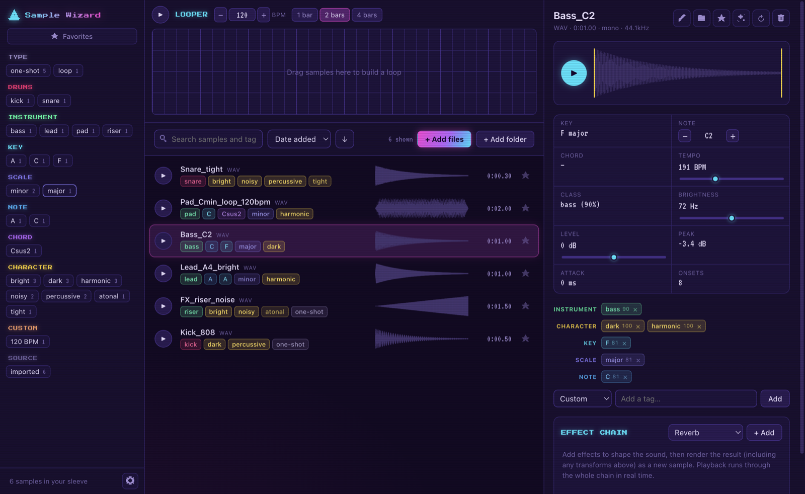 Sample Wizard: a neon library of samples with tags, waveforms, a looper and an effect chain